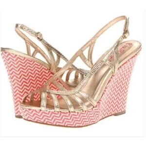 Lilly Pulitzer Sophie Strappy Wedge Sandals Coral Gold Size 7.5